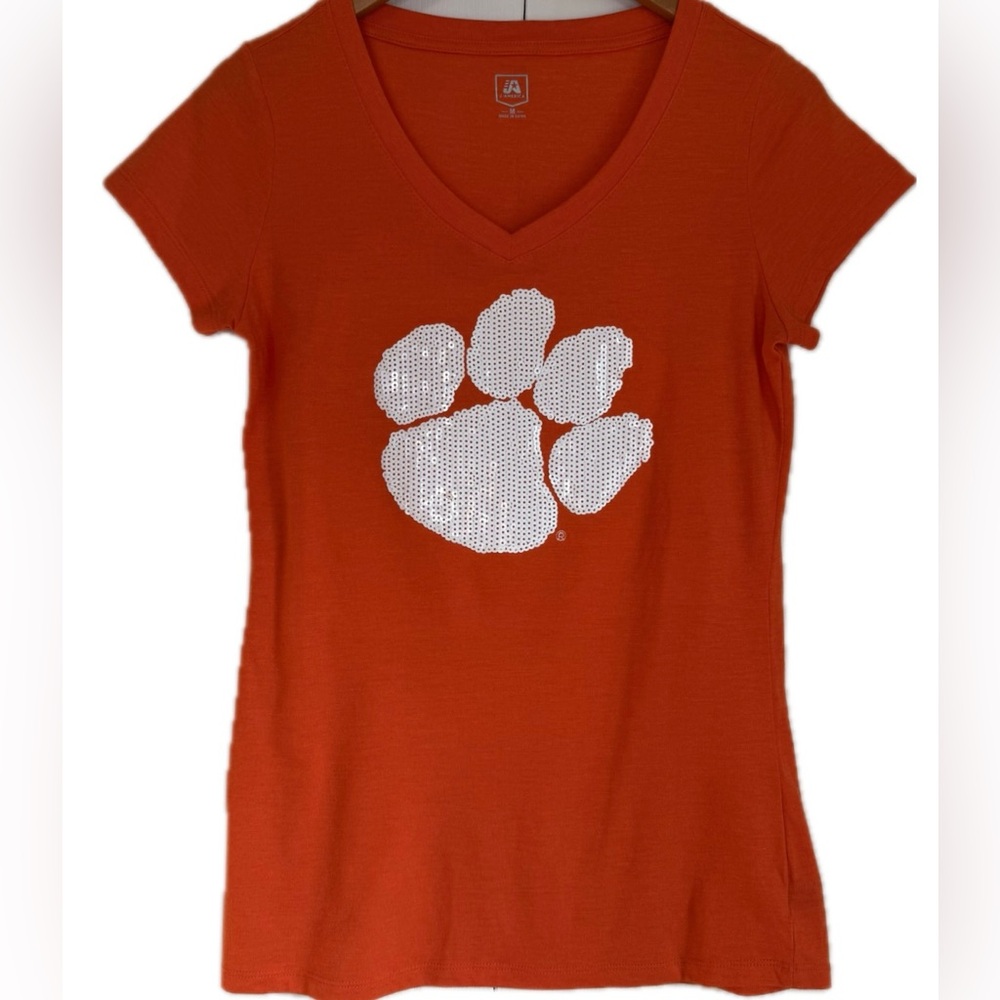 🐅Clemson Tigers Orange V-Neck T-Shirt with White Sequined Paw Womens Sixe Medium